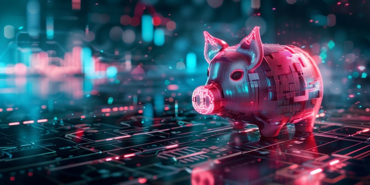Techno currency investment and bitcoin trading, with an electronic piggy bank next to cryptocurrency on a digital background