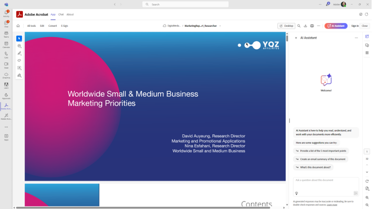 Image showing use of AI Assistant directly withing Adobe Acrobat for Microsoft Teams.