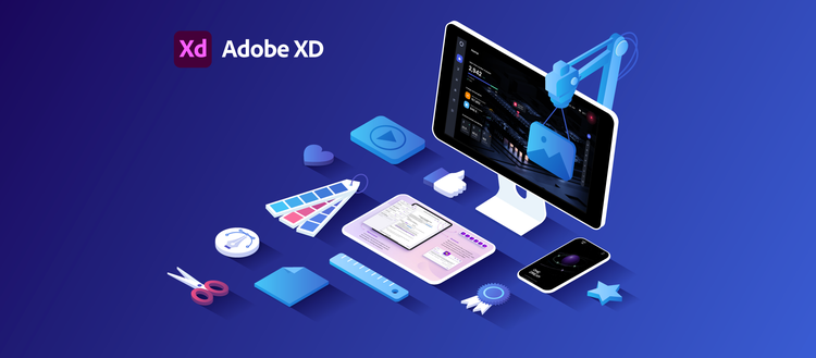 Ilustração vetorial com fundo azul, em computador, tablet e celular que possui elementos como imagens, texto, ícones entre outros, para simular a criação de interfaces