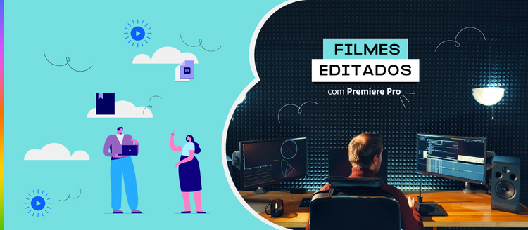 Fotografia de um homem em sua mesa com duas telas editando um projeto audiovisual com Adobe Premiere Pro