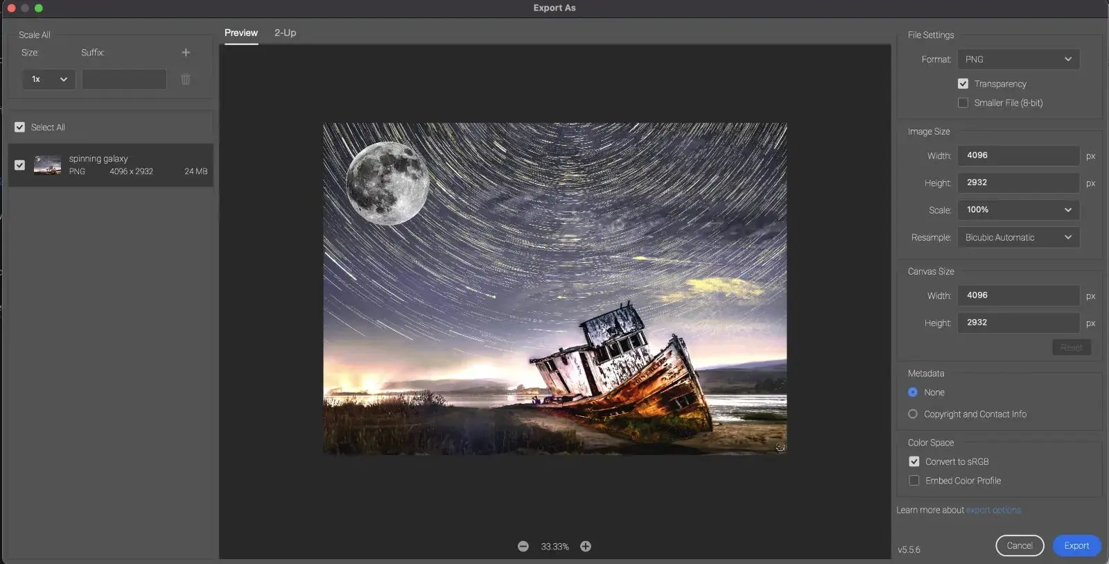 Interface do Photoshop que mostra a opção de exportação, com uma foto de uma paisagem de árvores e céu azul