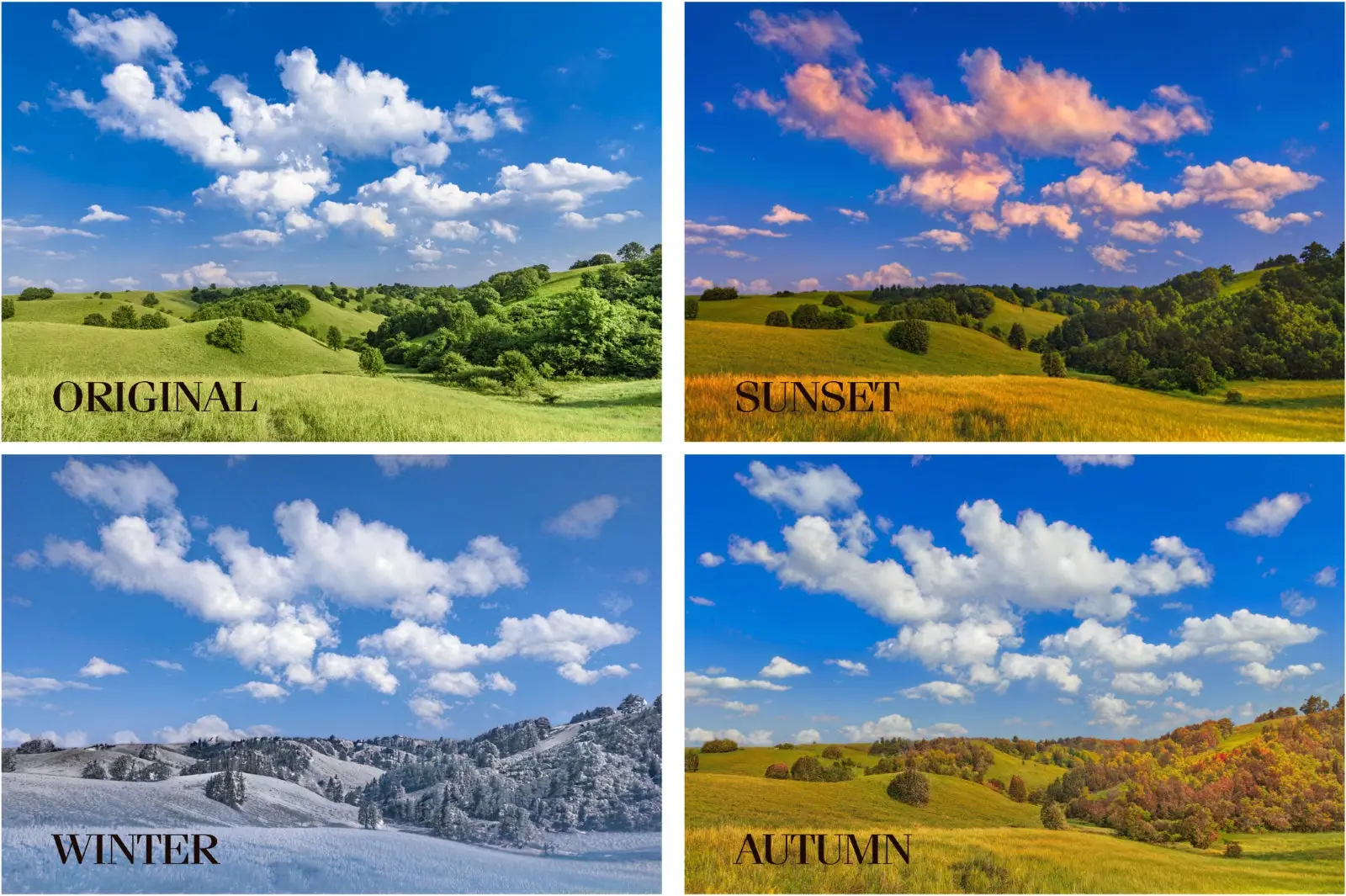 A mesma foto de uma paisagem natural, editada de quatro maneiras diferentes. A primeira é a foto real, a segunda é uma foto quente, a terceira é uma foto de inverno e a quarta é uma combinação das duas edições no Photoshop
