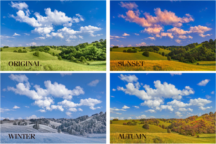 A mesma foto de uma paisagem natural, editada de quatro maneiras diferentes. A primeira é a foto real, a segunda é uma foto quente, a terceira é uma foto de inverno e a quarta é uma combinação das duas edições no Photoshop