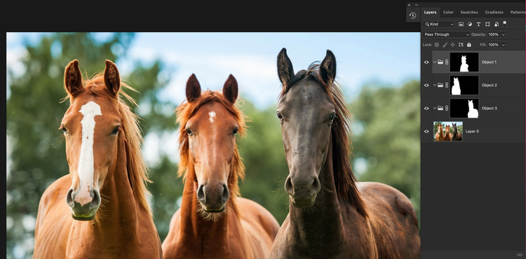 Interface do Photoshop com uma foto de três cavalos e a seleção de máscaras de camada