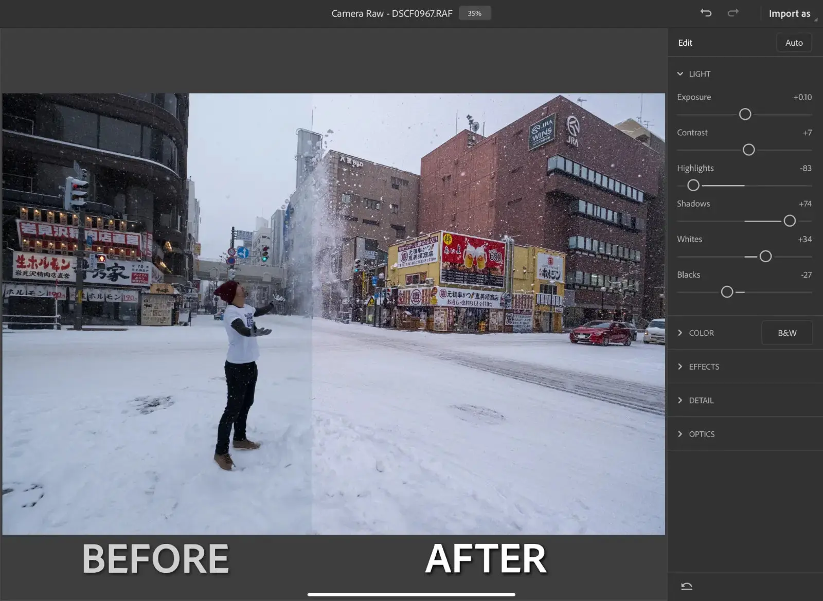 Interface do Photoshop no iPad com a foto de uma pessoa em uma cidade para comprar a função de edição antes e depois