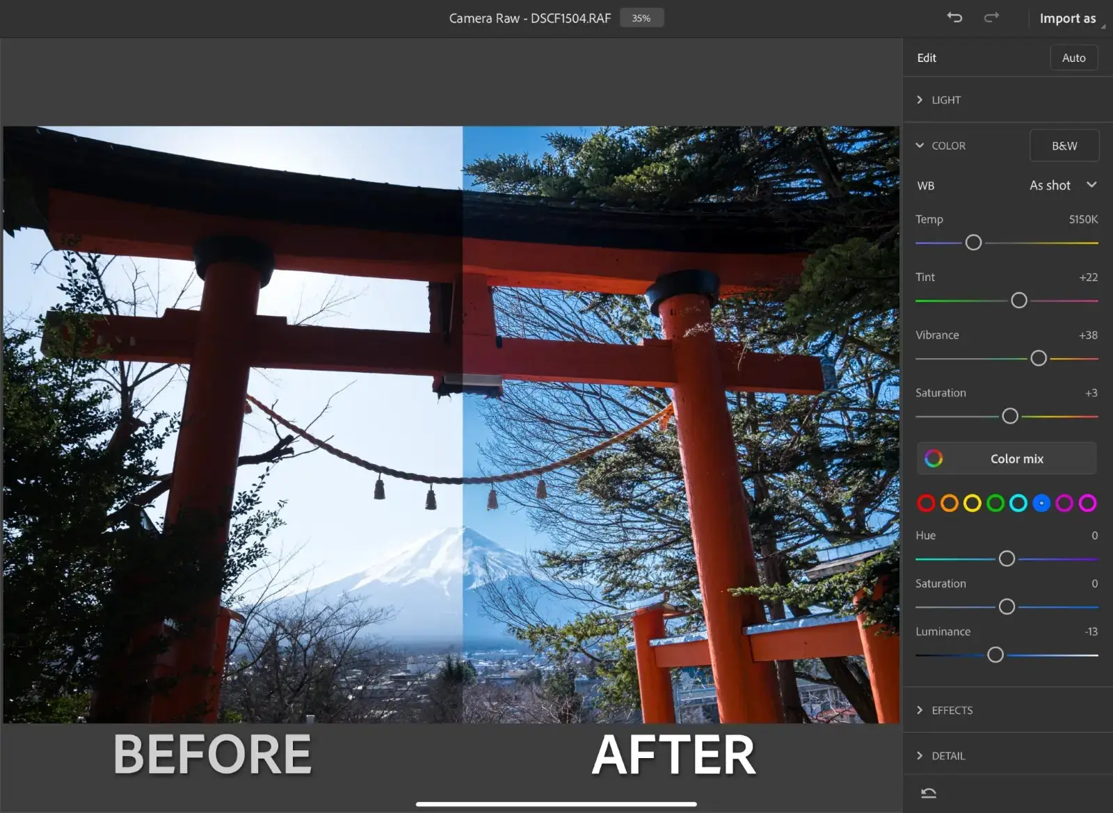 Interface do Photoshop no iPad com uma foto que compara o antes e o depois da função de edição com a câmera raw