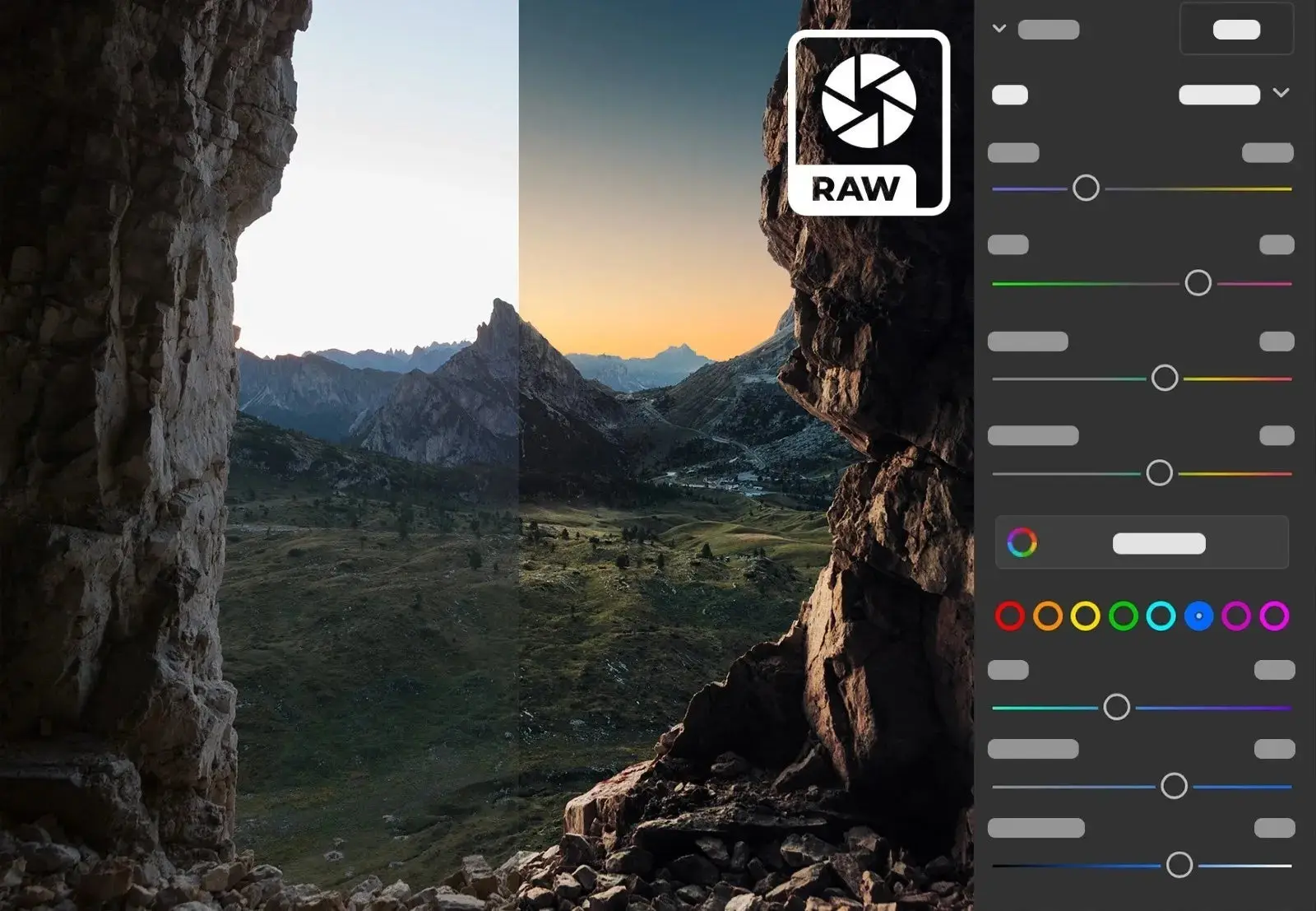 Interface do Photoshop no iPad com uma foto de uma paisagem de câmera raw