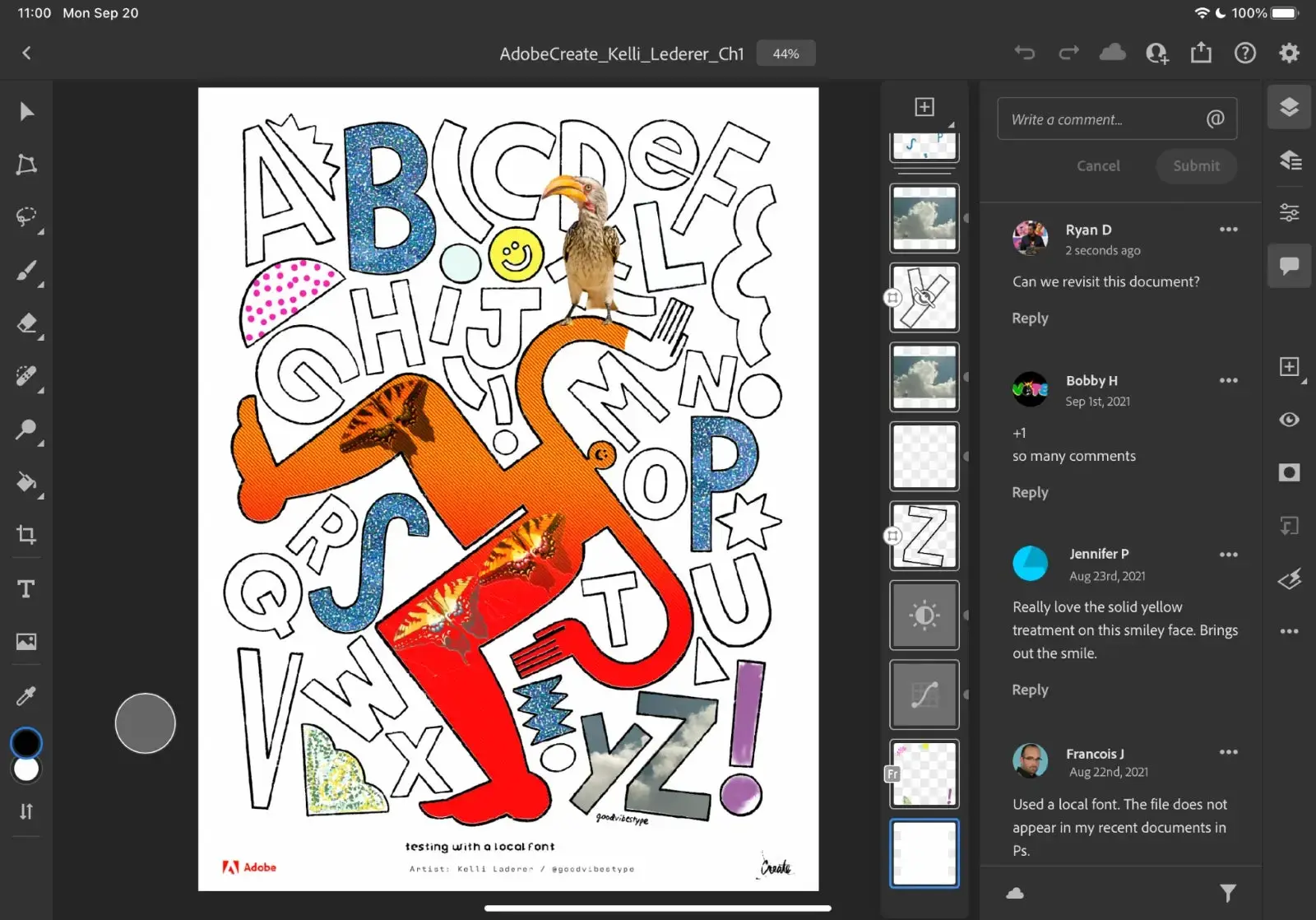 Interface do Photoshop no iPad com algumas ilustrações e letras de diferentes cores e contornos
