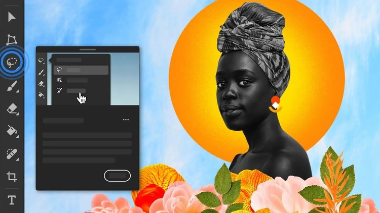 Interface do Photoshop no iPad com a foto de uma mulher em preto e branco com ilustrações de flores, folhas, fundo azul com um círculo amarelo