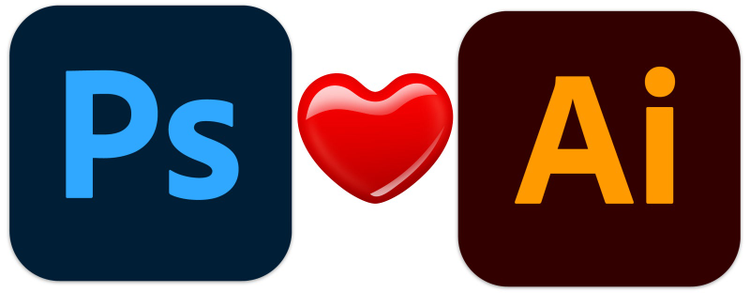O logotipo do Photoshop e o logotipo do Illustrator, no meio há um ícone de um coração