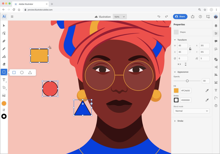 Interface da web do Adobe Illustrator com a ilustração vetorial de uma mulher com óculos e turbante, um retângulo amarelo, um círculo vermelho e um triângulo azul