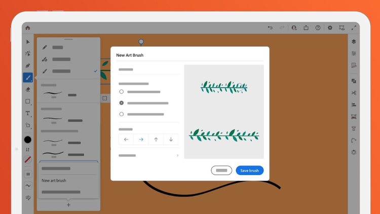 Interface do Adobe Illustrator no iPad com os novos pincéis artísticos