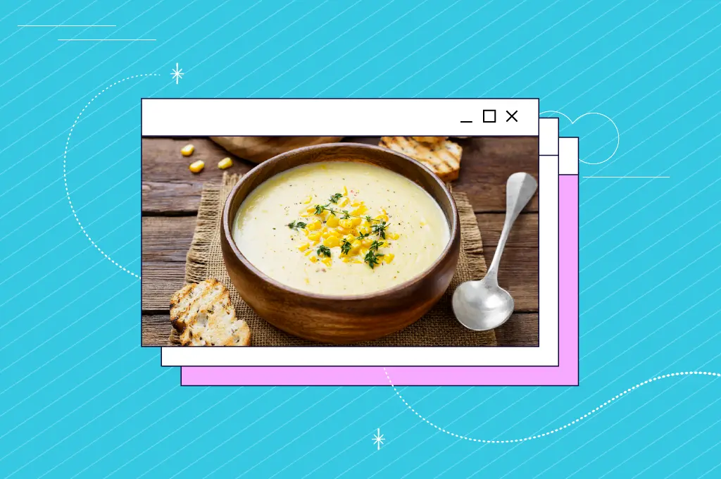 oto de sopa caseira em uma mesa de madeira com colher e pão” / “vídeo de sopa caseira em uma mesa branca com nachos