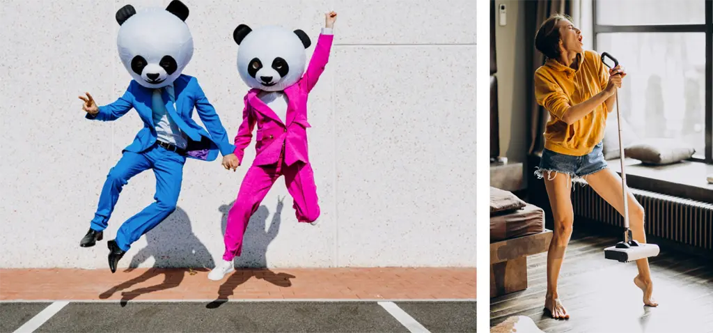 Conjunto de 2 imagens. Fotografia de um casal com traje alfaiate, pulando e usando cabeças de panda. Fotografia de jovem limpando e dançando