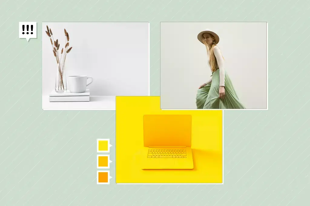 Imagem com três elementos, o primeiro é uma foto de um copo e um papel branco com um trigo, o segundo é um laptop amarelo em um fundo amarelo e o terceiro é uma foto de uma mulher vestida minimalista