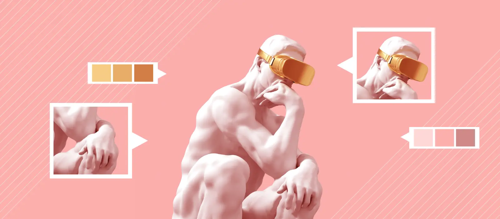Imagem da escultura do pensador com um visor de realidade virtual dourado em um fundo rosa