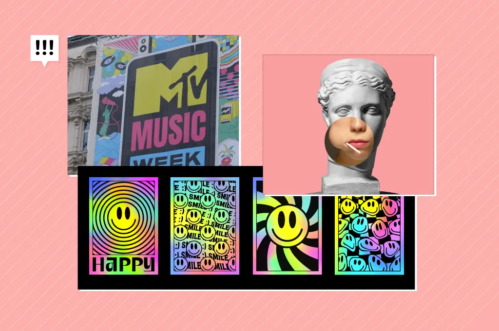 Imagem com três elementos, um é o comercial da MTV com figuras coloridas, o segundo uma foto de uma escultura com a foto de uma boca em cima do rosto e o terceiro um desenho colorido com uma carinha feliz que diz sorriso