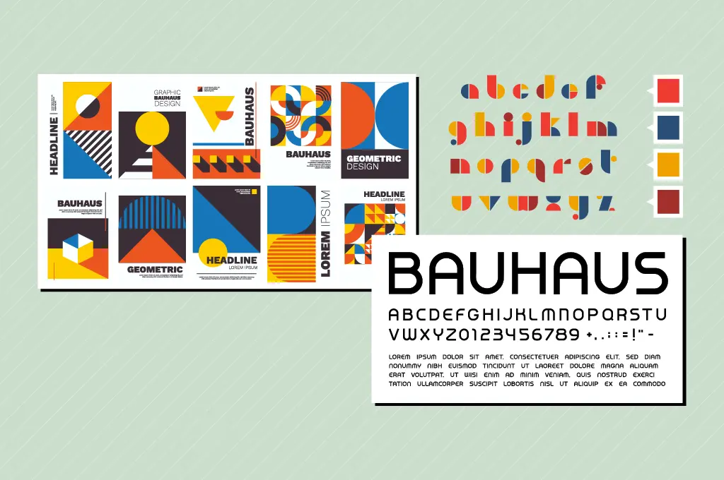 Imagem com três elementos, um é elementos gráficos geométricos relacionados à Bauhaus, o segundo uma tipografia que diz Bauhaus e o terceiro um alfabeto com as cores amarela, azul e vermelha