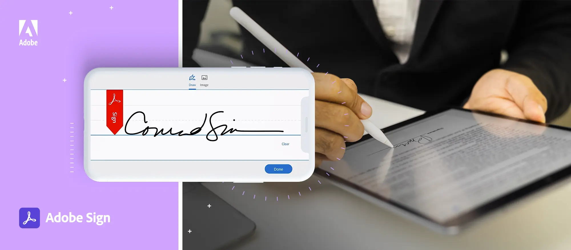 assinatura eletrônica de homem de terno em tablet com Adobe Sign