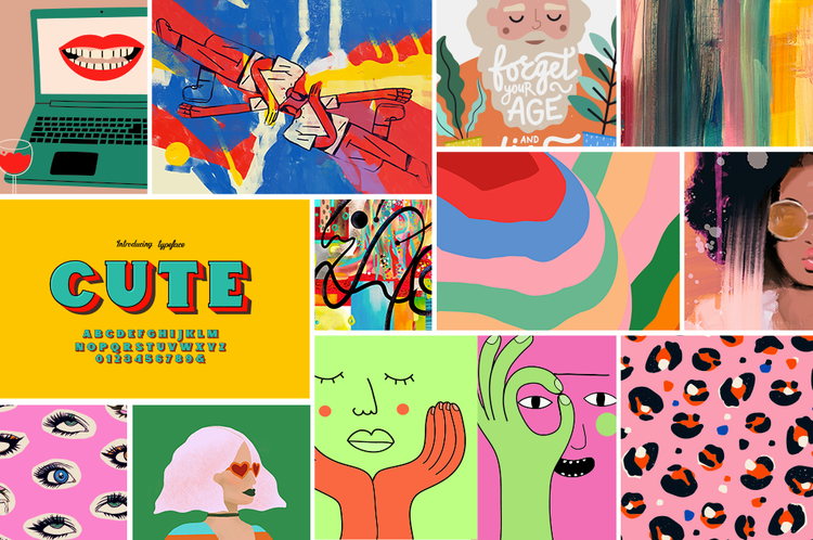 moodboard de humor digital com elementos coloridos para criar filtros do Instagram