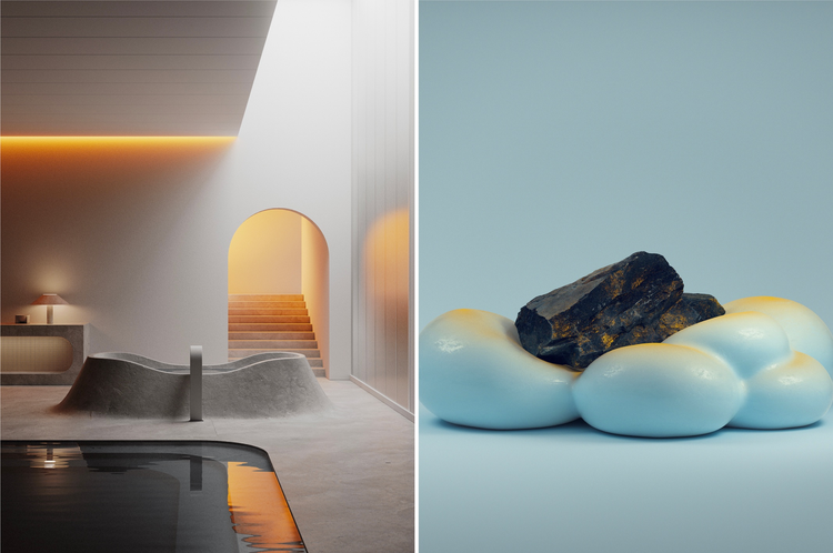 sala minimalista, você pode ver apenas uma mesa, uma luminária e algumas escadas na modelagem 3D, sala de jantar minimalista com mesa e cadeira de madeira, alguns vasos de pedra com folhas secas e uma lâmpada branca