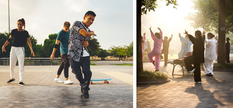 Jovem hispanico realizando uma pose de danca no parque ao por do sol cercado por amigos pessoas praticando tai chi