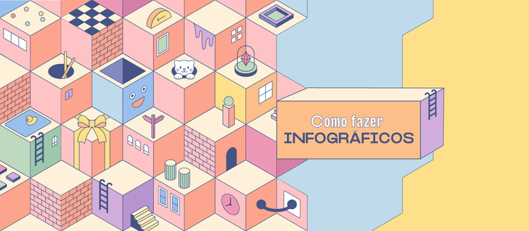 Ilustração de quadrados em tons pastel com gatos, patos, escadas e figuras geométricas