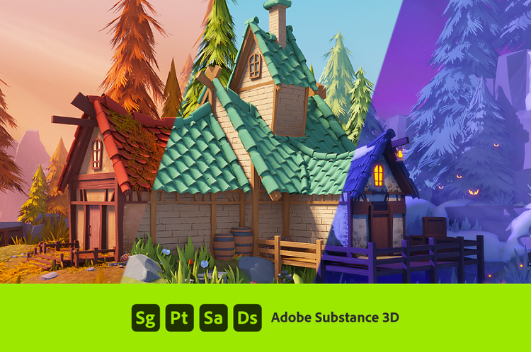 imagem 3D de uma casa com tres estacoes diferentes: outono, primavera e inverno