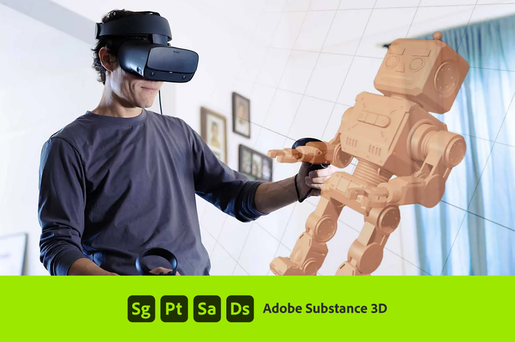 Foto de uma pessoa com oculos de realidade virtual, olhando para uma imagem 3D de um robo