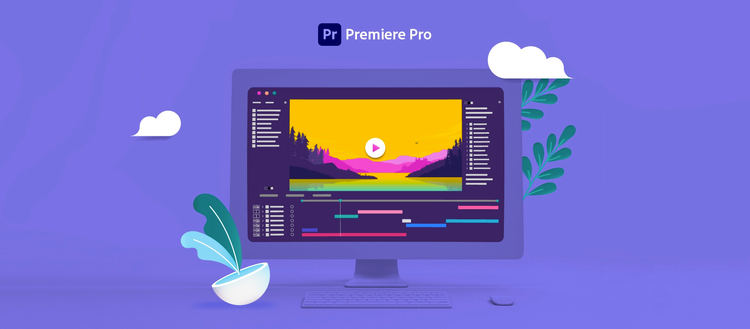 Curso de edição de vídeo com Premiere Pro ilustração de um computador com a interface Premiere Pro