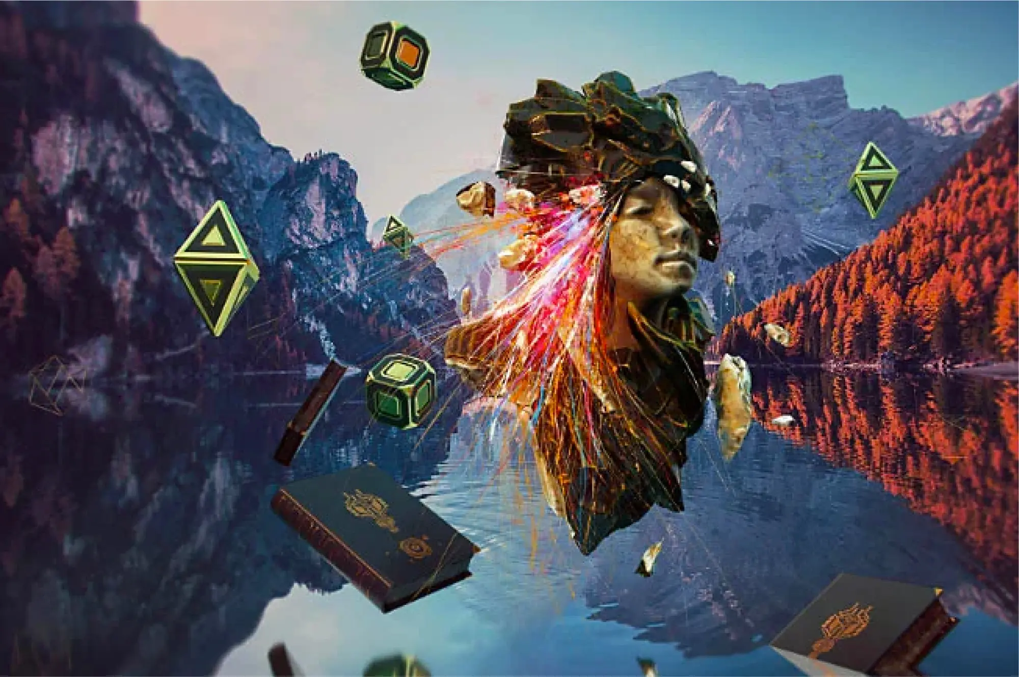 Imagem 3D com realidade virtual de uma cabeça flutuante sobre paisagem de montanhas e lago com livros e figuras flutuantes