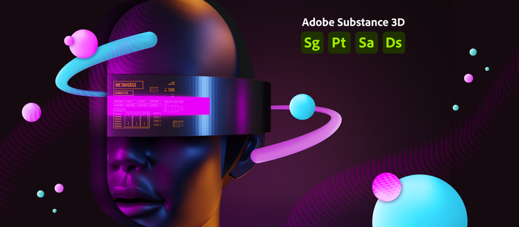 Imagem 3D com fundo roxo, metade do rosto de uma pessoa com óculos de realidade virtual e elementos tecnológicos