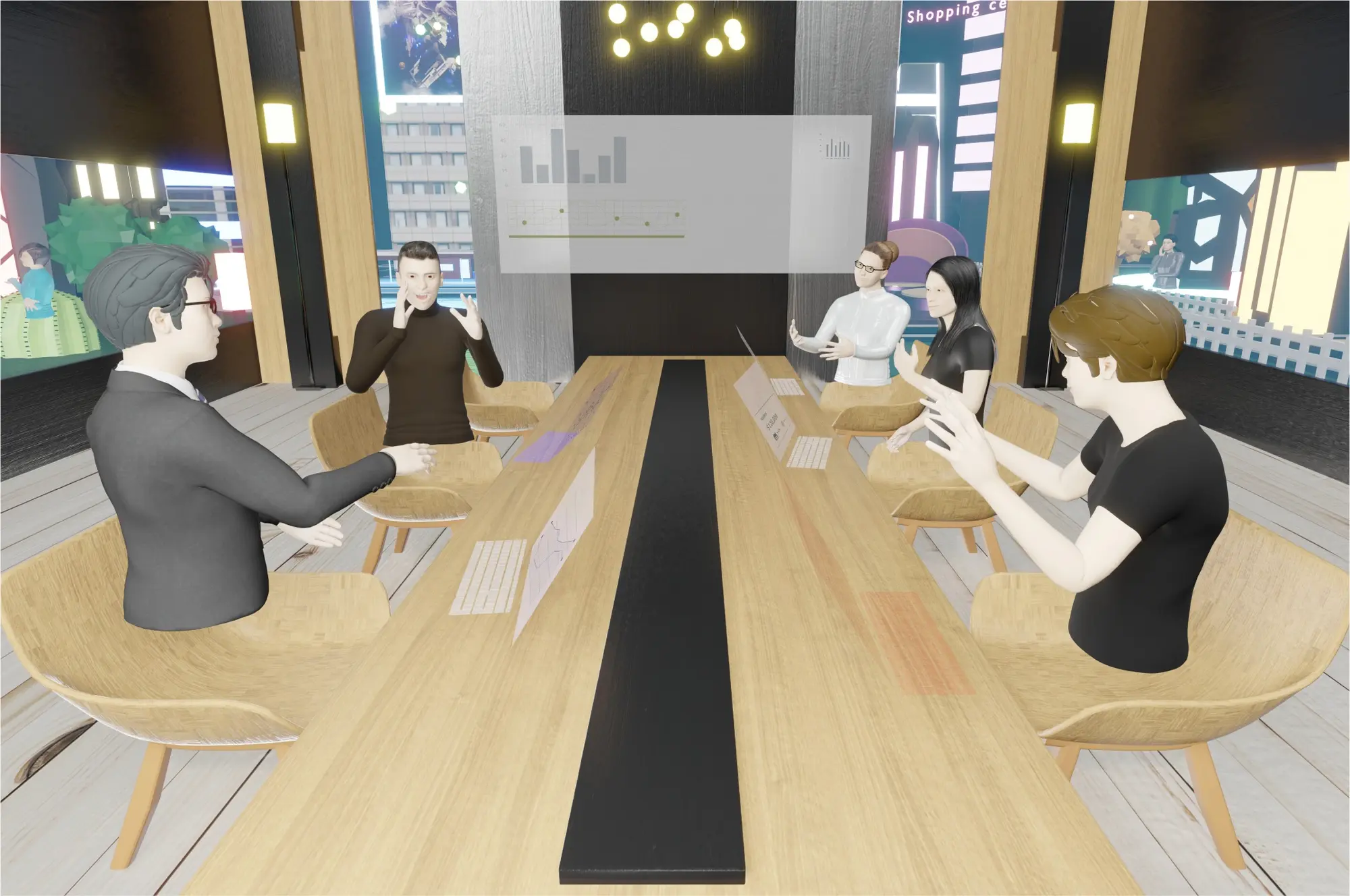 Imagem 3D de uma cena em uma sala de reuniões 5 pessoas conversando