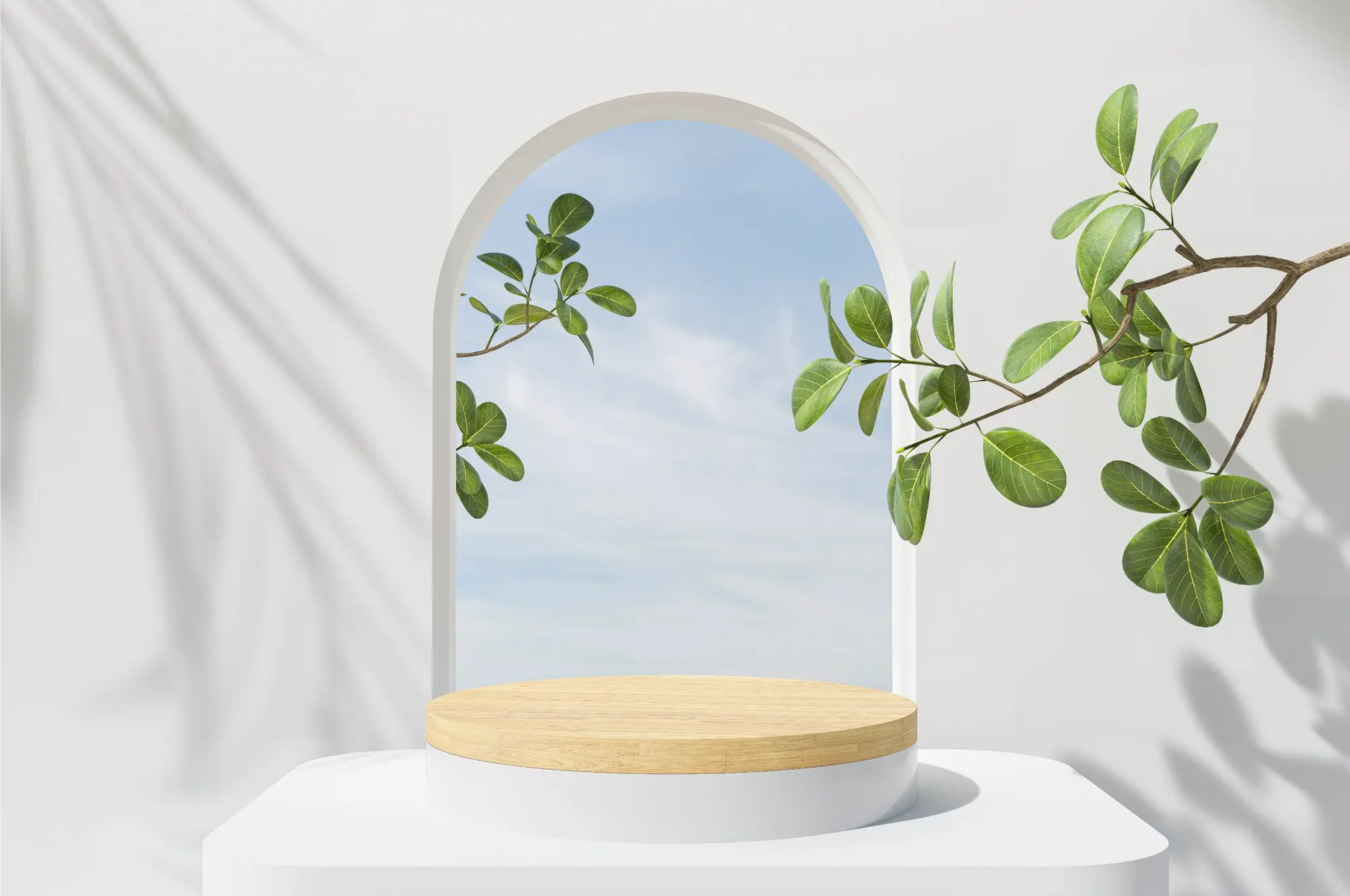 Cena 3D, uma janela ao fundo mostra um céu, em primeiro plano há uma planta e uma base de madeira