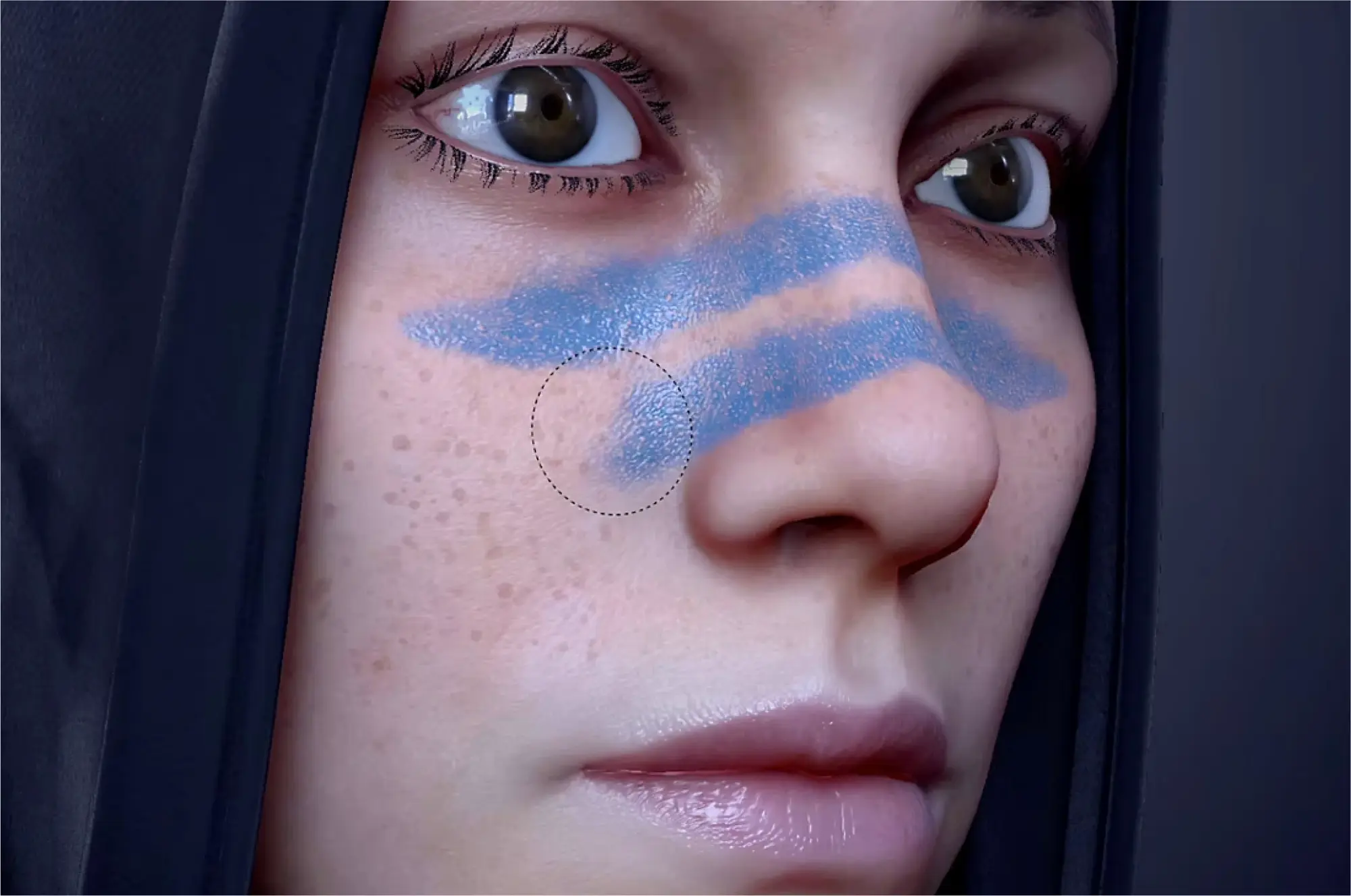 Personagem 3D de uma pessoa com uma capa e duas linhas azuis no rosto