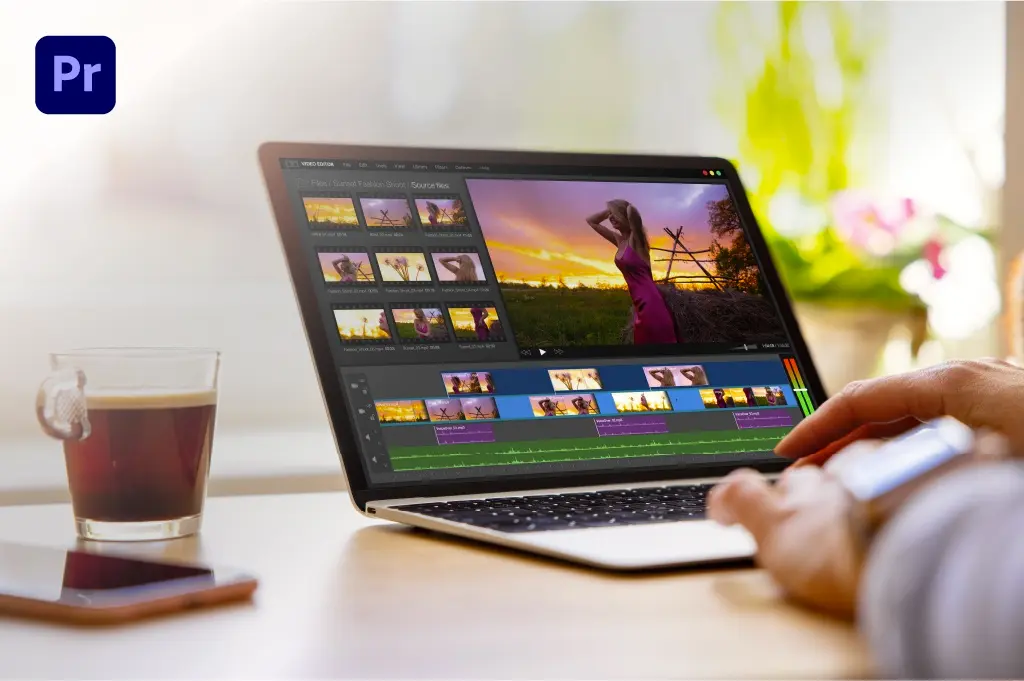 mãos de um designer em um laptop na tela projetando a interface do Adobe Premiere Pro