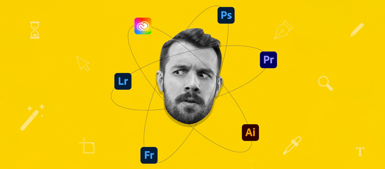 ilustração do rosto de um jovem na forma de um átomo cercado por ferramentas de design e edição de adobe
