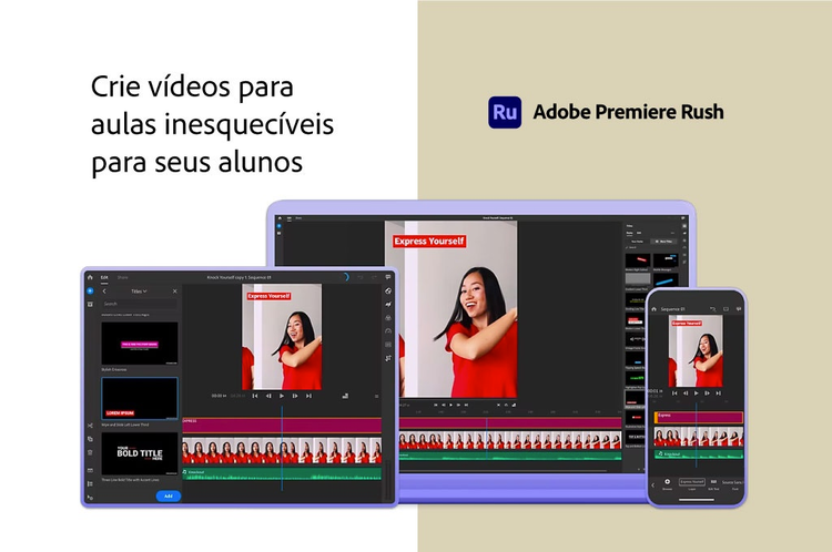 interface do Adobe Premiere Rush projetada em monitor de pc, iPad e celular executando edição de vídeo de uma jovem de vestido vermelho