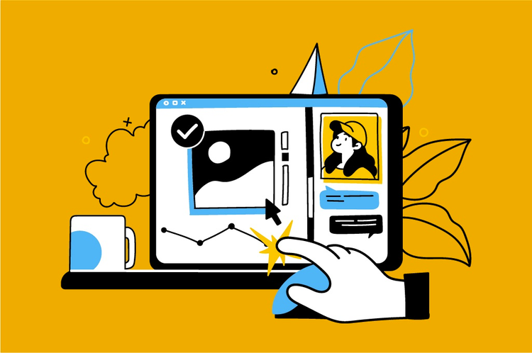 ilustração de uma mão humana clicando com o mouse na frente de um laptop