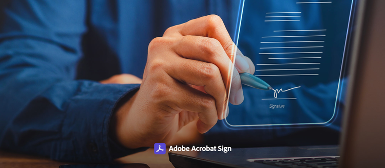 homem sentado assinando documento digital no pc em um holograma do Adobe Acrobat Sign