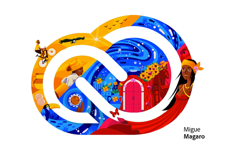 logo da creative cloud inspirado na Colômbia feito pelo artista colombiano Miguel Magaro. Referencia o ciclismo, flora e fauna