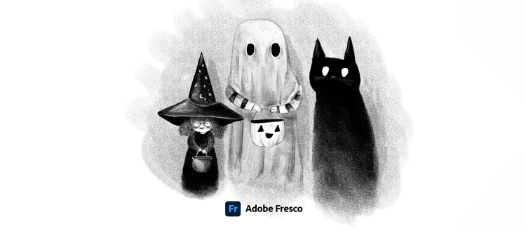 Ilustração de Halloween com uma bruxa, um fantasma e um gato preto feita por Valentina Toro no Adobe Fresco