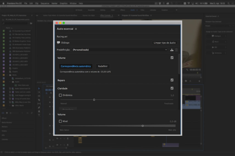 Interface Premiere Pro na janela do essential sounds