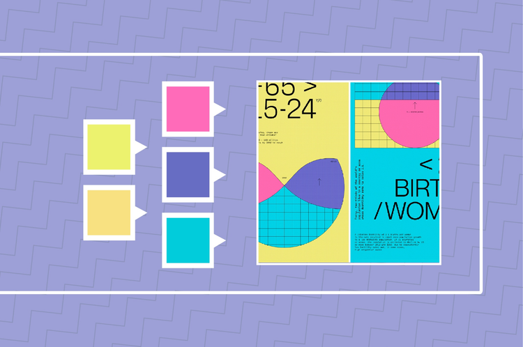 uma paleta de design gráfico com as cores rosa pastel, azul, roxo e amarelo,
