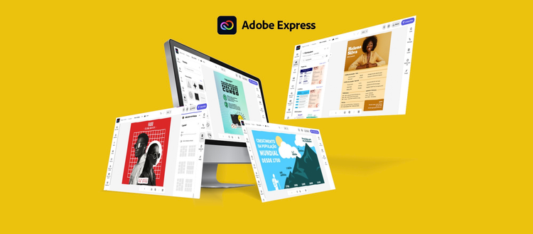ilustração de uma tela de mac com a interface do adobe express ao redor das janelas de edição de tela