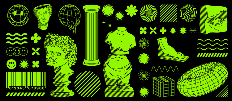 Ilustração verde neon de colunas, esculturas e figuras geométricas em um fundo preto
