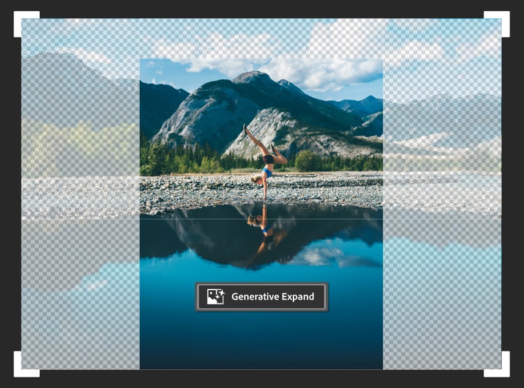 Na imagem, exemplo da expansão generativa sendo utilizada em uma foto no Adobe Photoshop, potencializado pela inteligência artificial Adobe Firefly. Na foto, a paisagem é ampliada e redimensionada através da ferramenta de recorte.