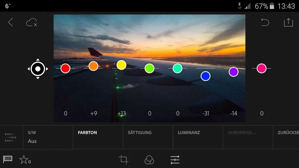Mit Lightroom 2.0 für Android lassen sich die Farbwerte noch gezielter bearbeiten. Screenshot: Sven Doelle.