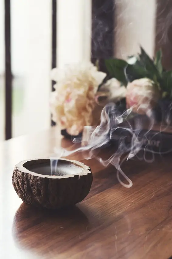 Blown out candle smoke, in home interior setting with flowers in background