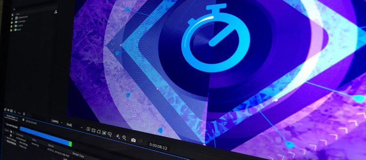 This is a stylize screenshot showing the interface of Adobe After Effects. An image of a stopwatch in the composition window communicates the speed gained through Multi-Frame Rendering.